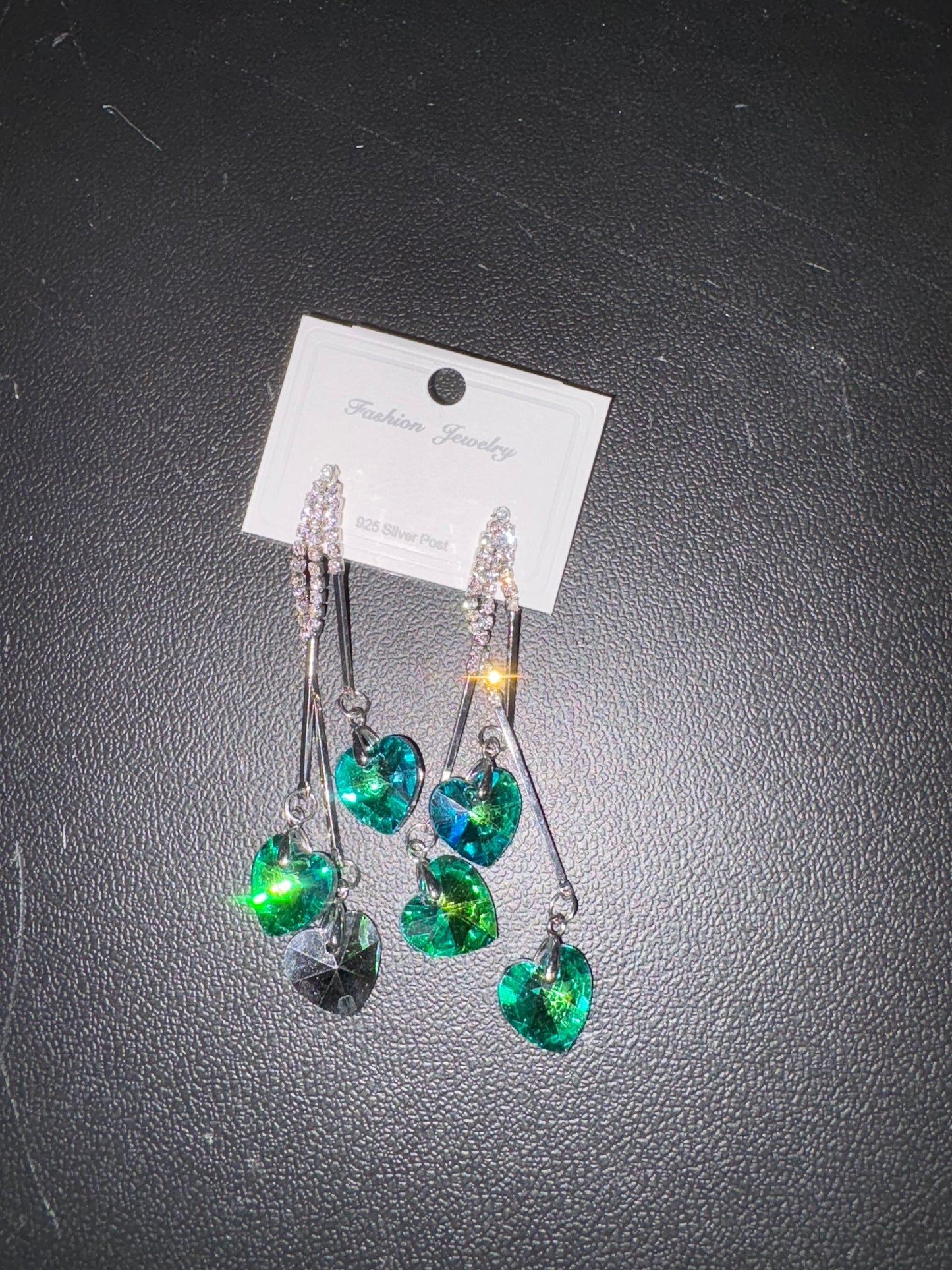925 Sterling Silver post, Green heart and Crystal Earrings