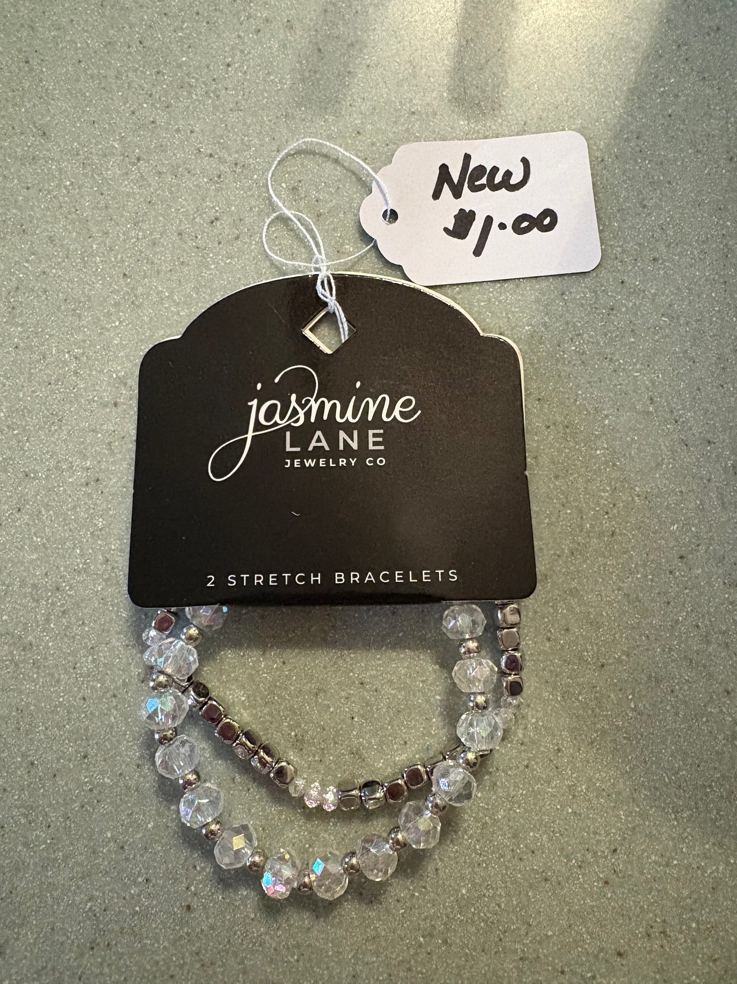 Two stretchy bracelets, crystal and silver, Jasmine Lane Jewelry Company
