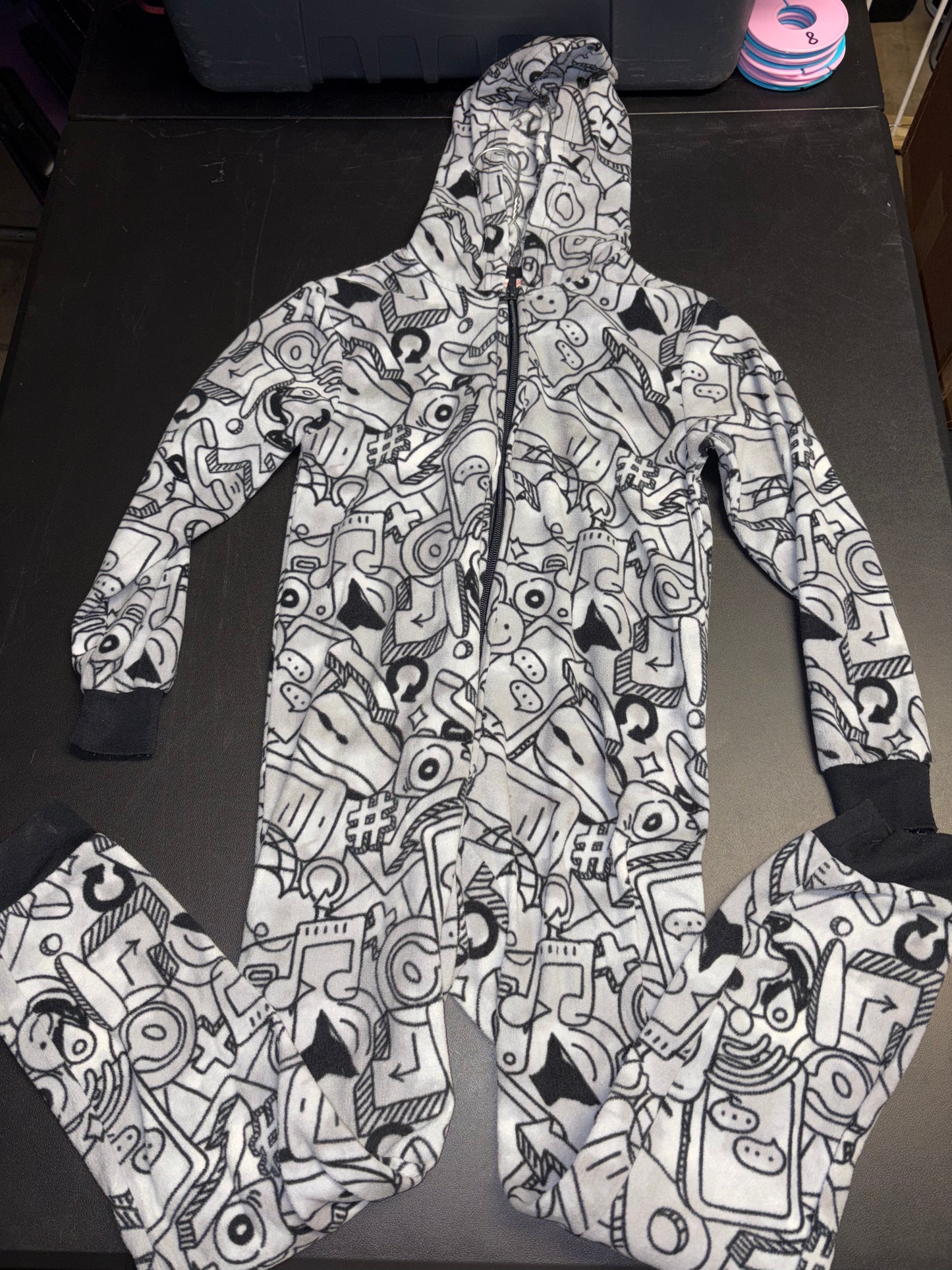 Size 6/7 Youth, Graphic Onesie zip up, footless, hooded