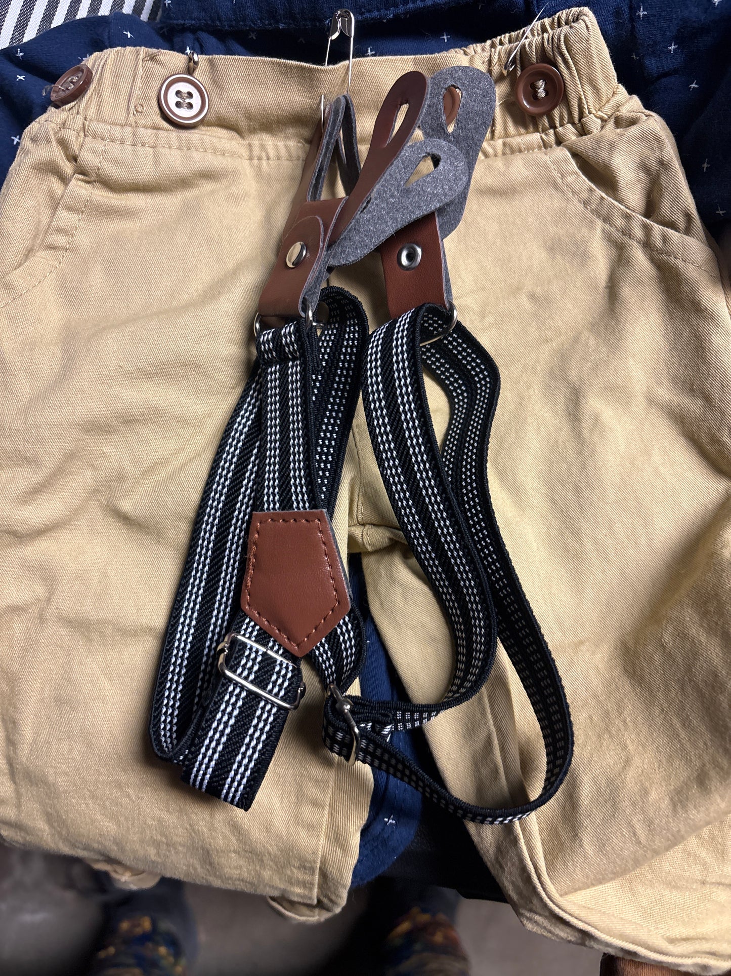 Size 3-6 month, Navy long sleeved collared shirt with khaki pants - with suspenders