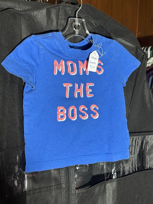 Size 6 month Blue with Hot Red/Orange writing “Mom’s the boss”