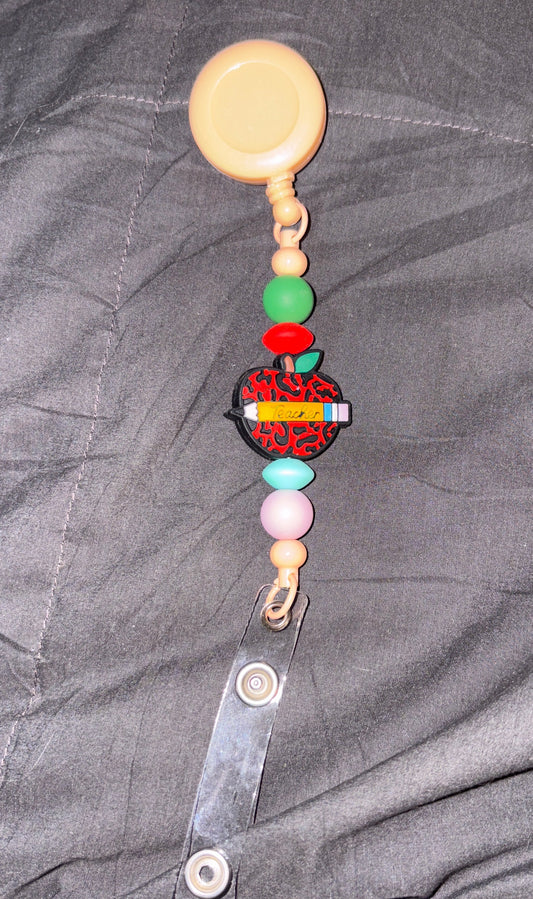 Red & Black Apple Teacher Bead Badge Reel