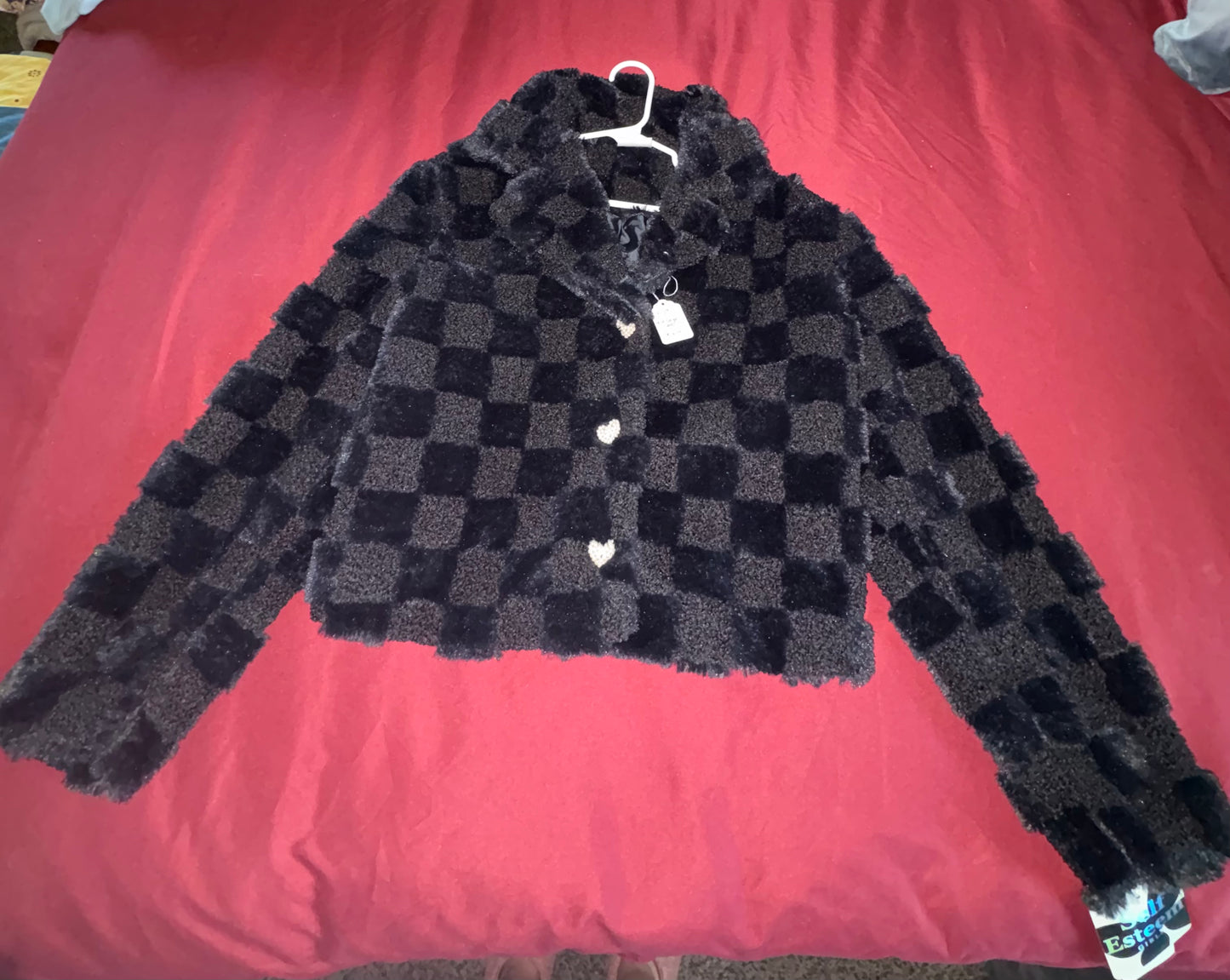 Size Large Girls black fur jacket with pearl buttons NWT