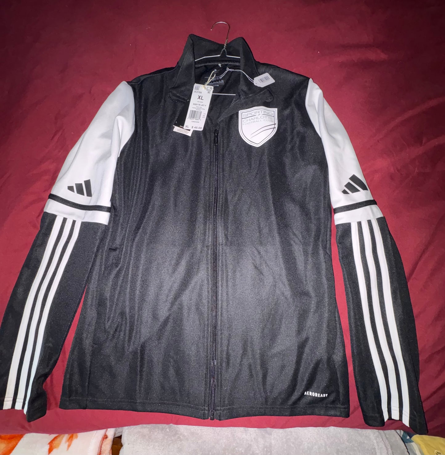 Size Youth XL, NWT, adidas, zip up soccer jacket, Sporting Charlotte Football Club, Queenstown Clothing & Apparel logo
