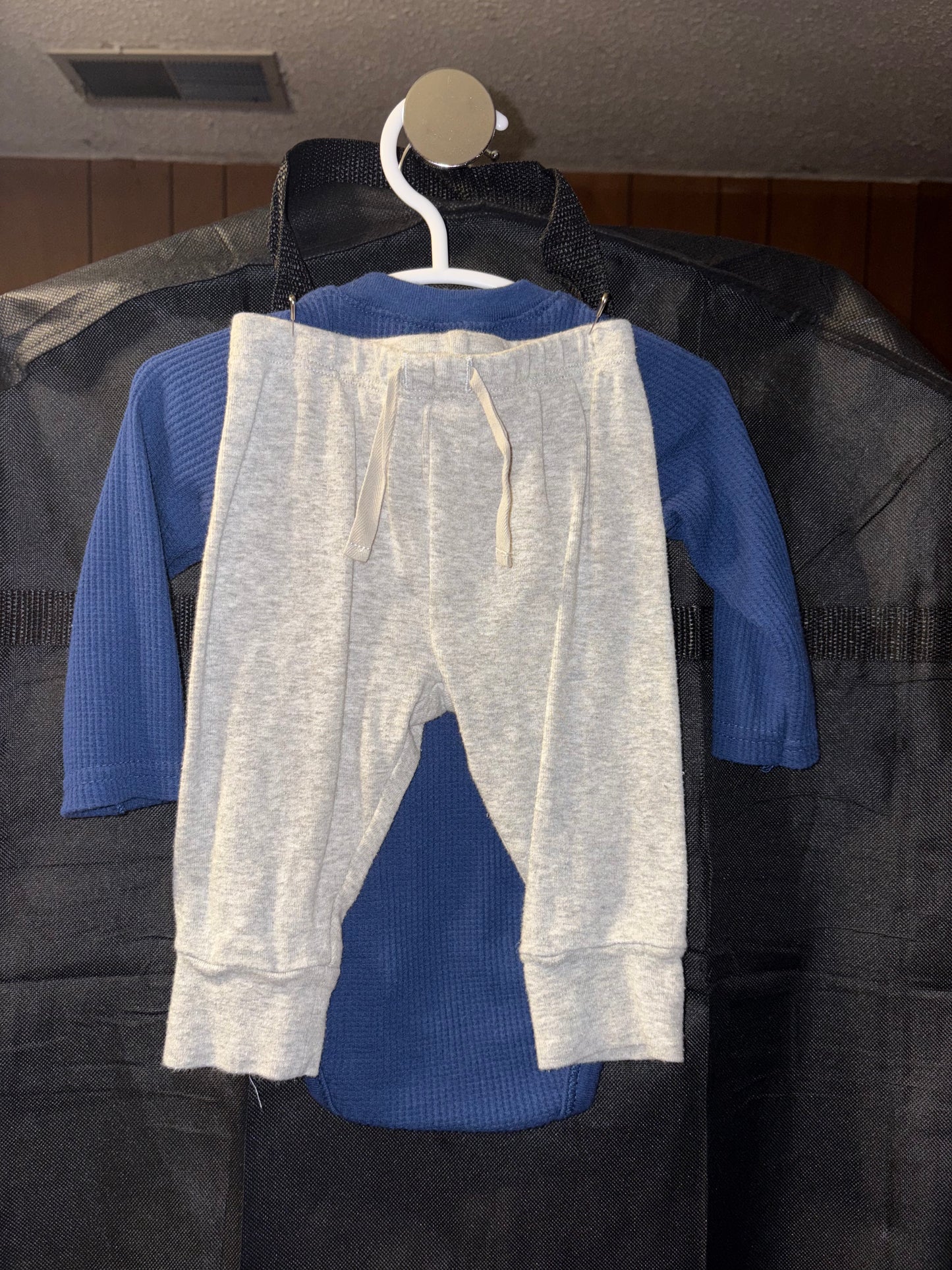 3-6 month boys outfit, Blue onesie and gray pants
