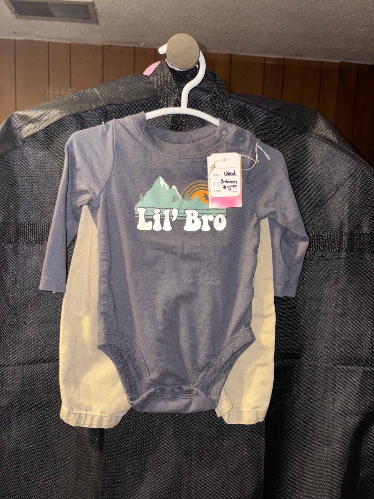 3-6 month Boys Slate gray long sleeved onesie with khaki pants