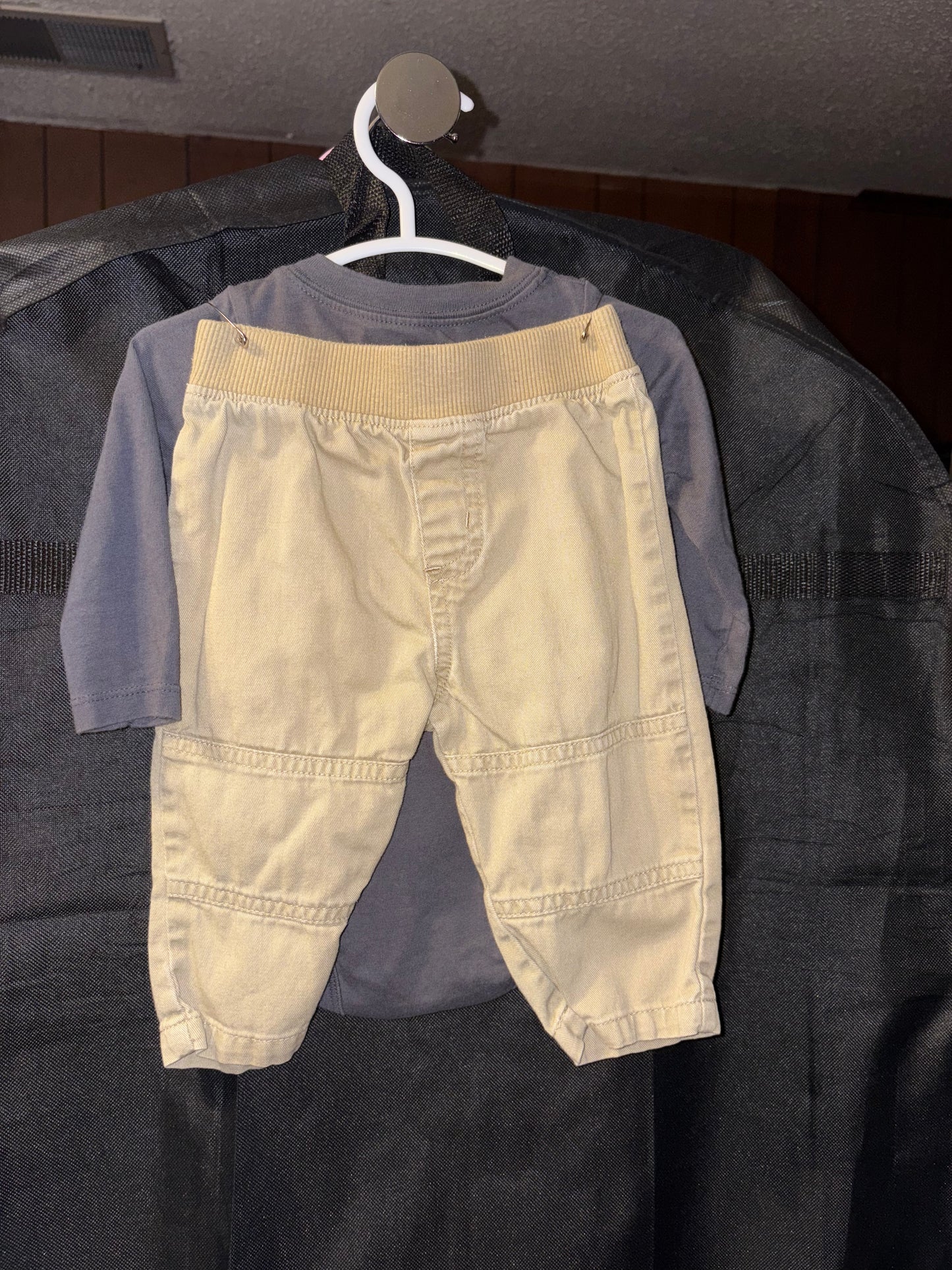 3-6 month Boys Slate gray long sleeved onesie with khaki pants