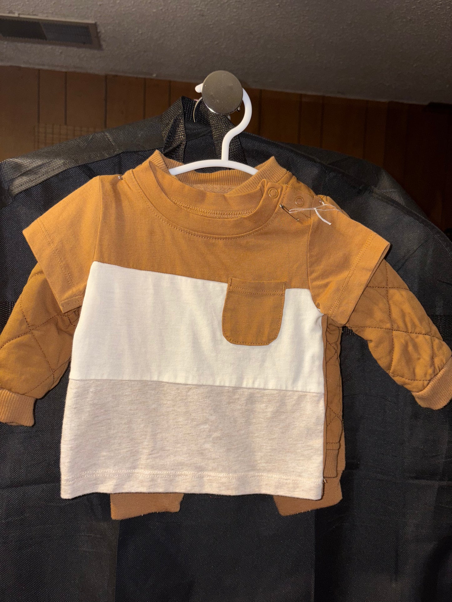 Brown and white outfit, Boys 3 to 6 month quilted jacket, sweatpants, T-shirt