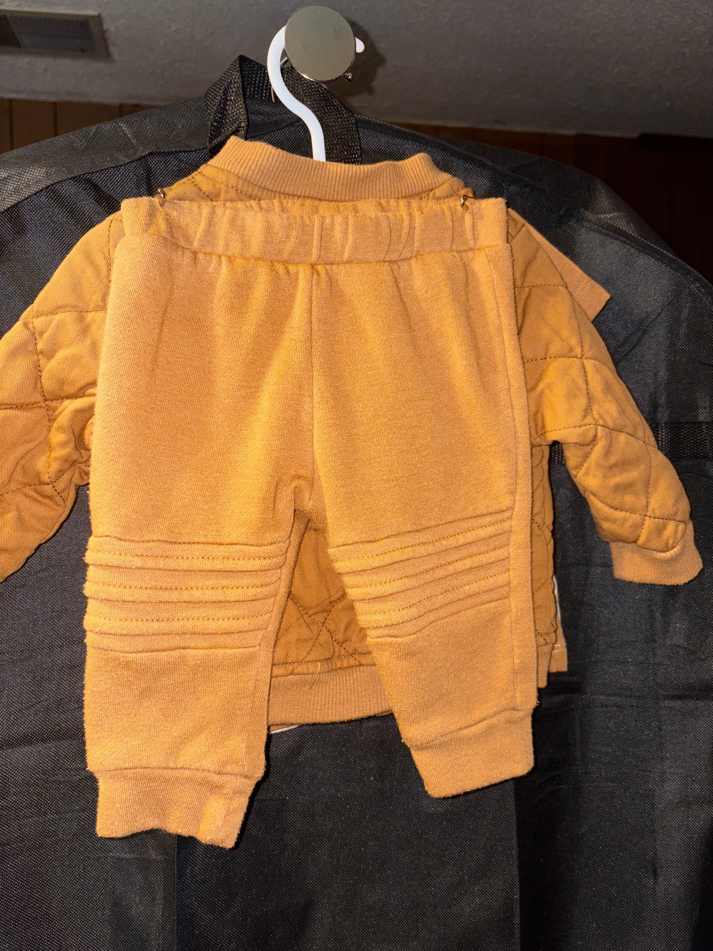Brown and white outfit, Boys 3 to 6 month quilted jacket, sweatpants, T-shirt
