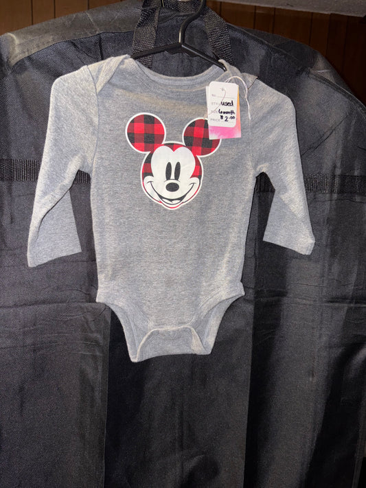 6 month, buffalo plaid red Mickey Mouse onesie