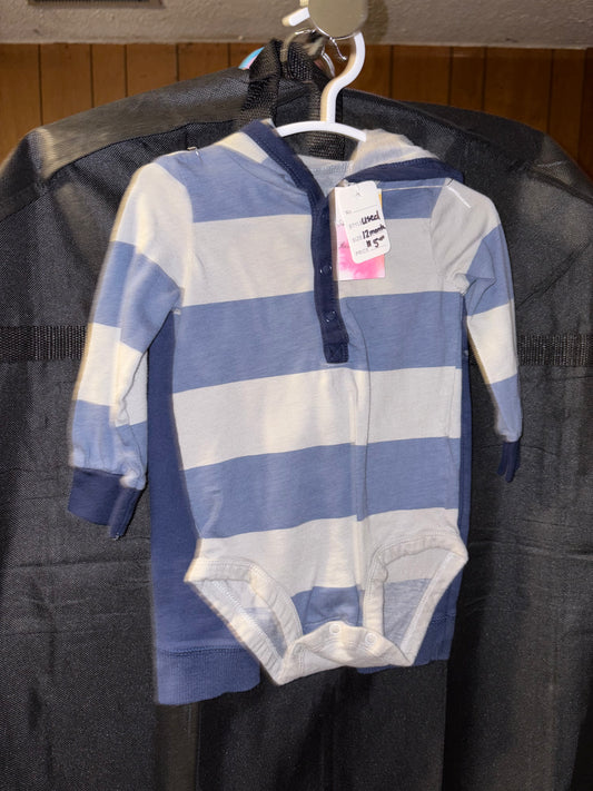 12 month boys, navy outfit, hooded onesie and pants