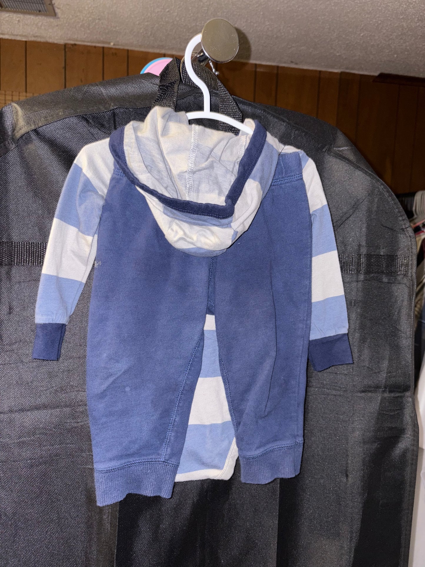 12 month boys, navy outfit, hooded onesie and pants