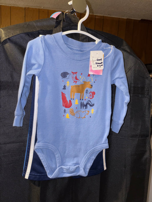 12 Month periwinkle blue long sleeve onesie with navy pants ￼