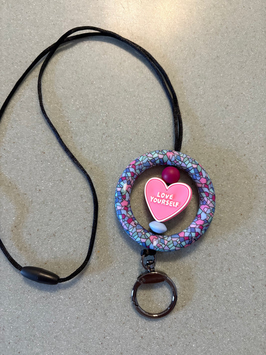 2.5” stained glass designed silicone ring with pink love yourself focal bead