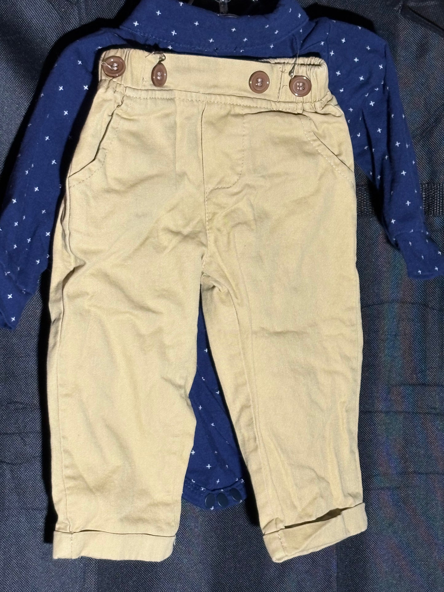 Size 3-6 month, Navy long sleeved collared shirt with khaki pants - with suspenders