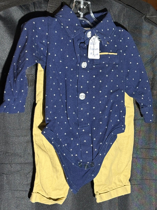 Size 3-6 month, Navy long sleeved collared shirt with khaki pants - with suspenders