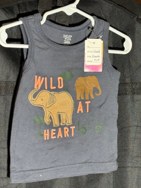 Size 12 month, Carters brand, slate gray tank, Hot Orange “Wild at heart”