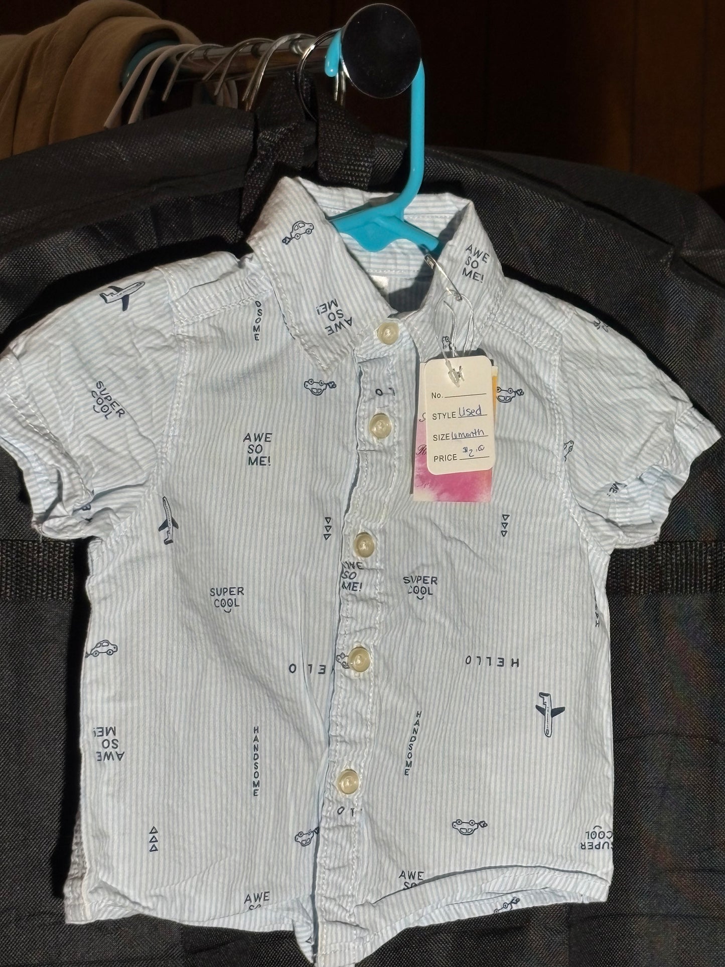 Size 6 month, Carters Brand, light blue vertical striped collared shirt