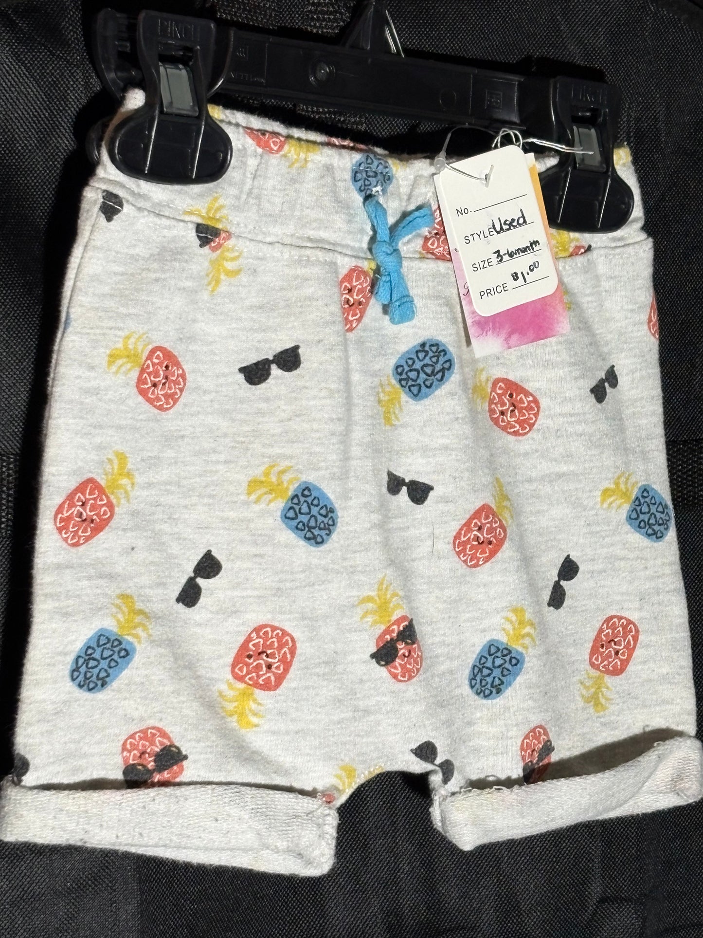 Size 3-6 month, Kidget Brand, gray shorts with sunglasses and pineapples