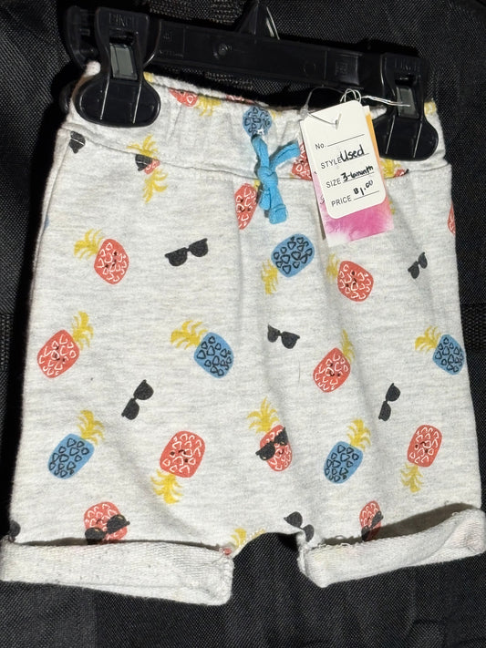 Size 3-6 month, Kidget Brand, gray shorts with sunglasses and pineapples