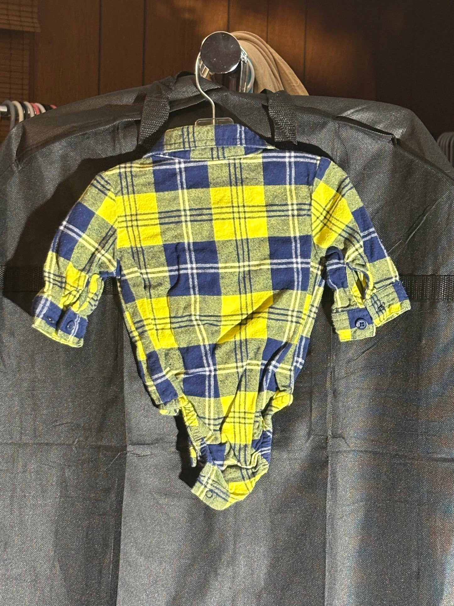 Size 0-3 month, Faded Glory Brand, yellow and blue Plaid collared onesie