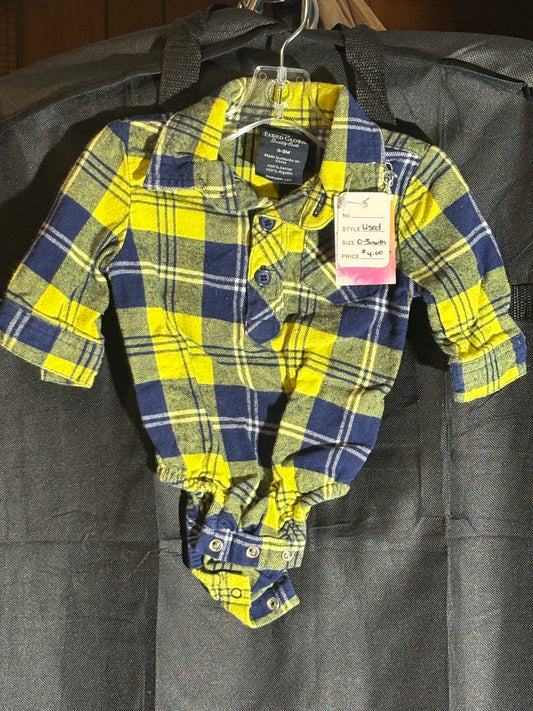 Size 0-3 month, Faded Glory Brand, yellow and blue Plaid collared onesie