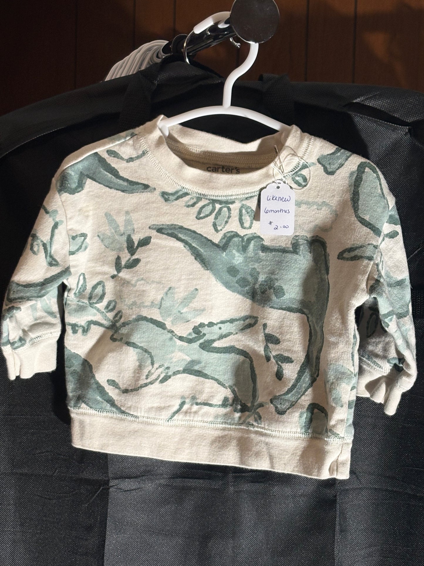 Size 6 month, Carters brand, off white & green dinosaur sweatshirt