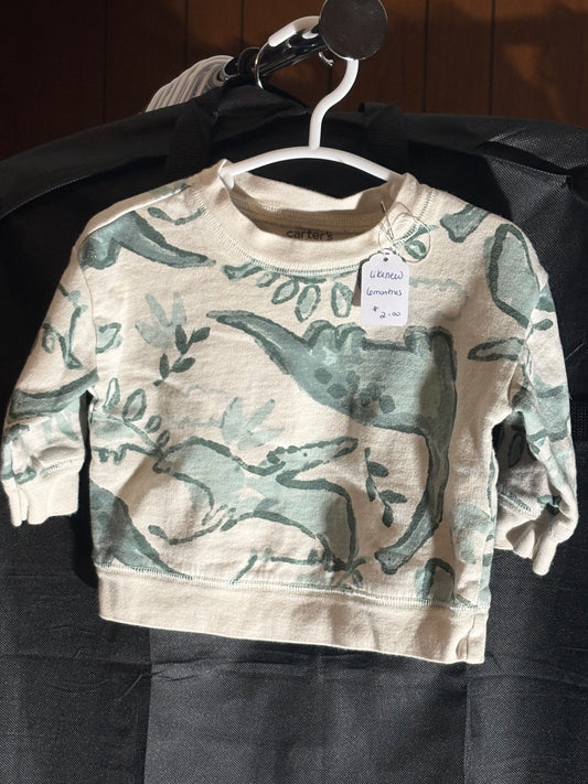Size 6 month, Carters brand, off white & green dinosaur sweatshirt