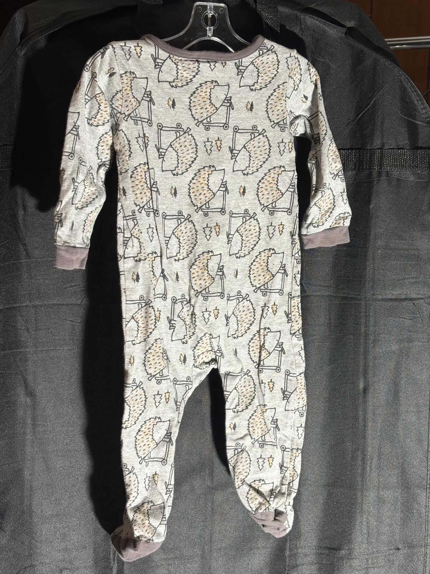 Size 6-9 month, Gerber sleeper, Gray with hedgehog on scooter design