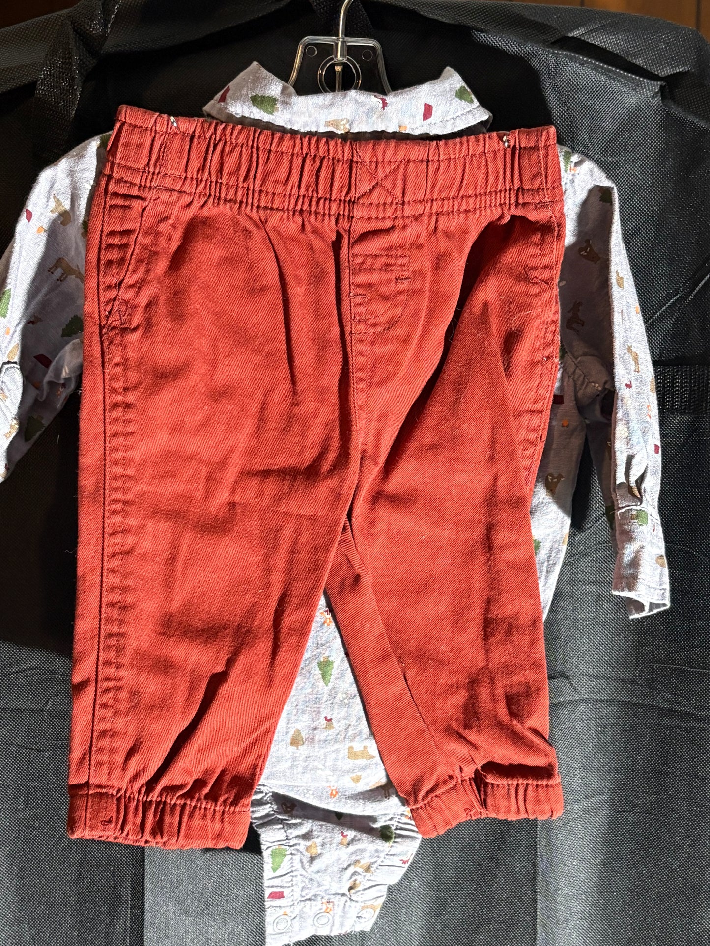 Size 6 month, Baby BUM brand, gray collared onesie with rust pants