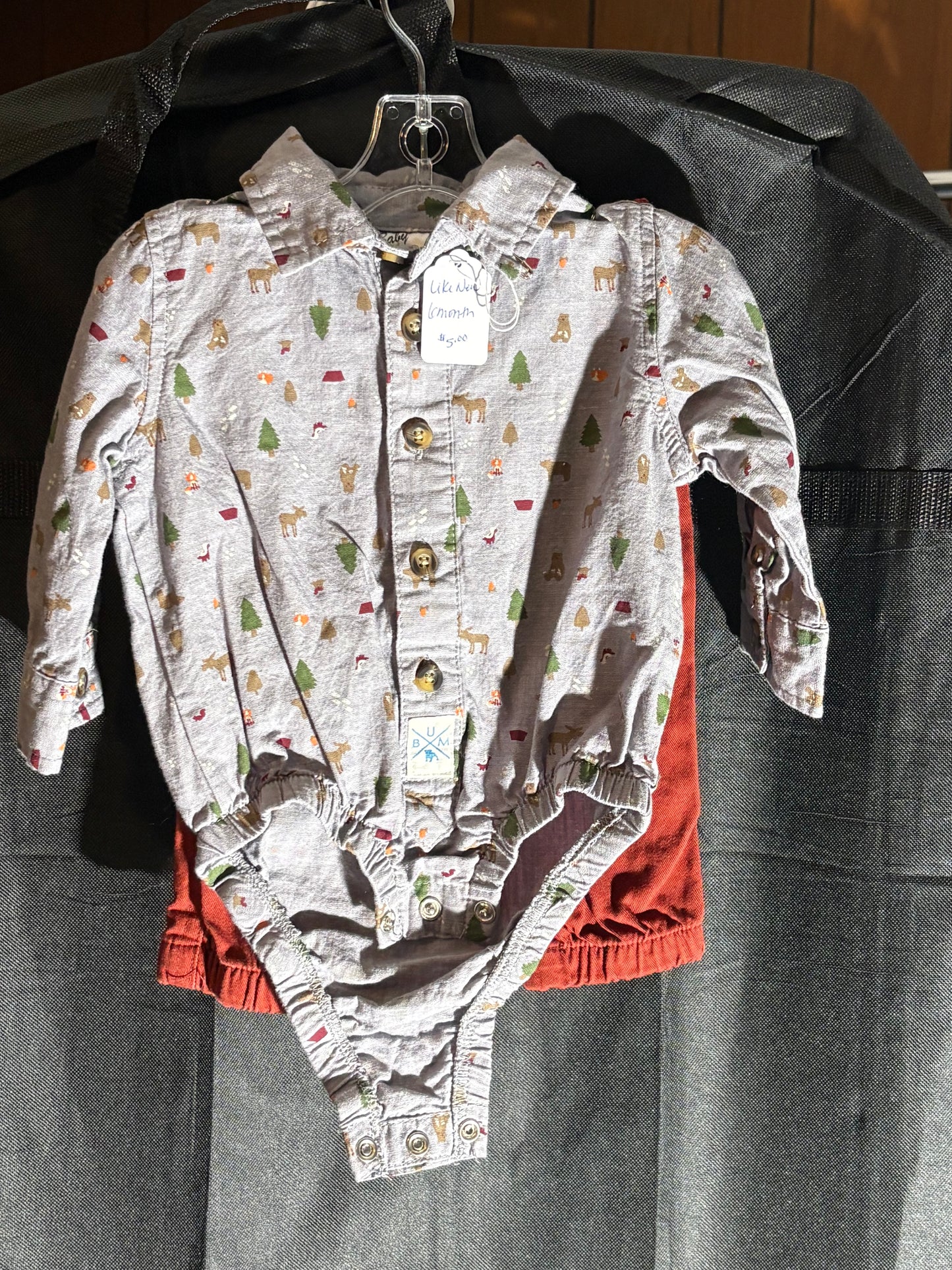 Size 6 month, Baby BUM brand, gray collared onesie with rust pants