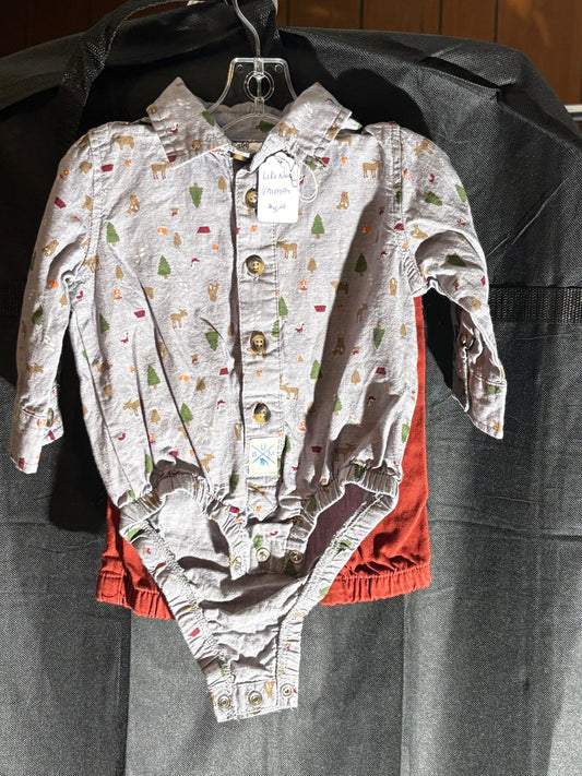 Size 6 month, Baby BUM brand, gray collared onesie with rust pants