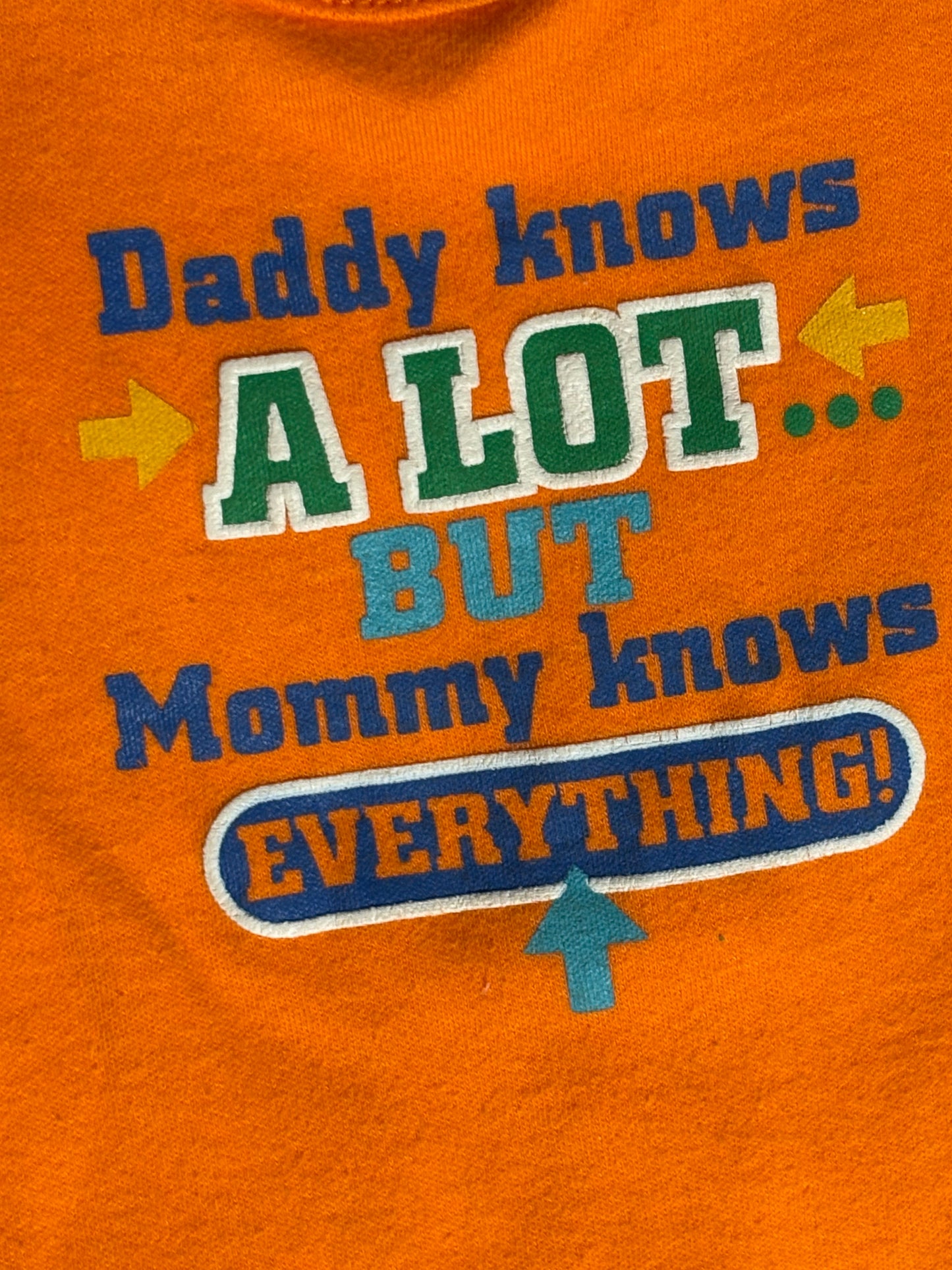 Size 0-3 month, Faded Glory outfit, orange and navy, “Dads knows a lot but mommy know everything”