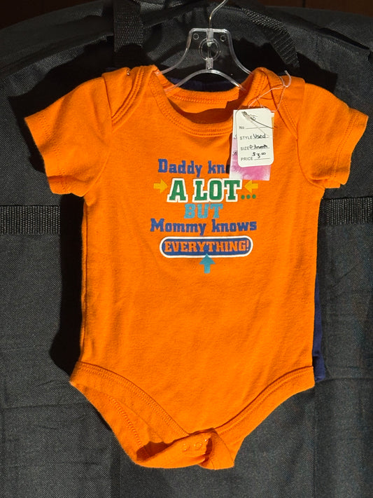 Size 0-3 month, Faded Glory outfit, orange and navy, “Dads knows a lot but mommy know everything”