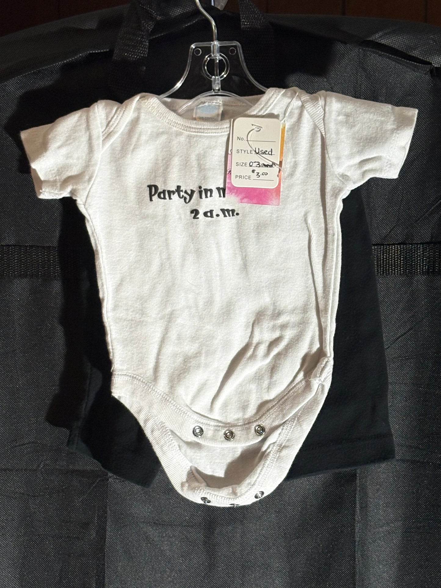 Size 0-3 month, white onesie “party in my crib 2am” and black pants