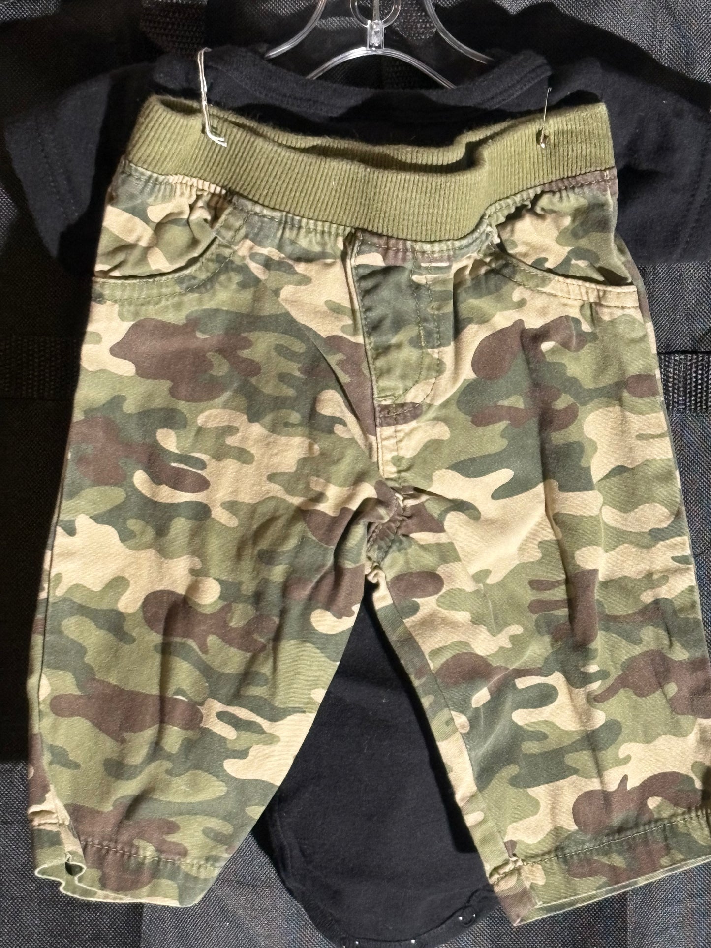 Size 0-3 month, black onesie and camo pants
