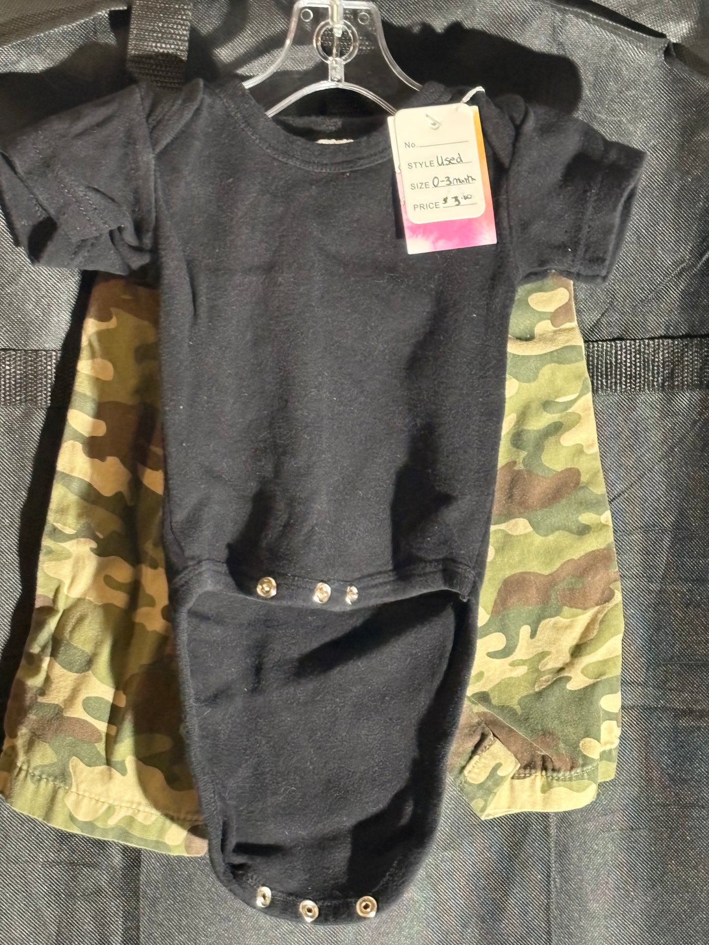 Size 0-3 month, black onesie and camo pants