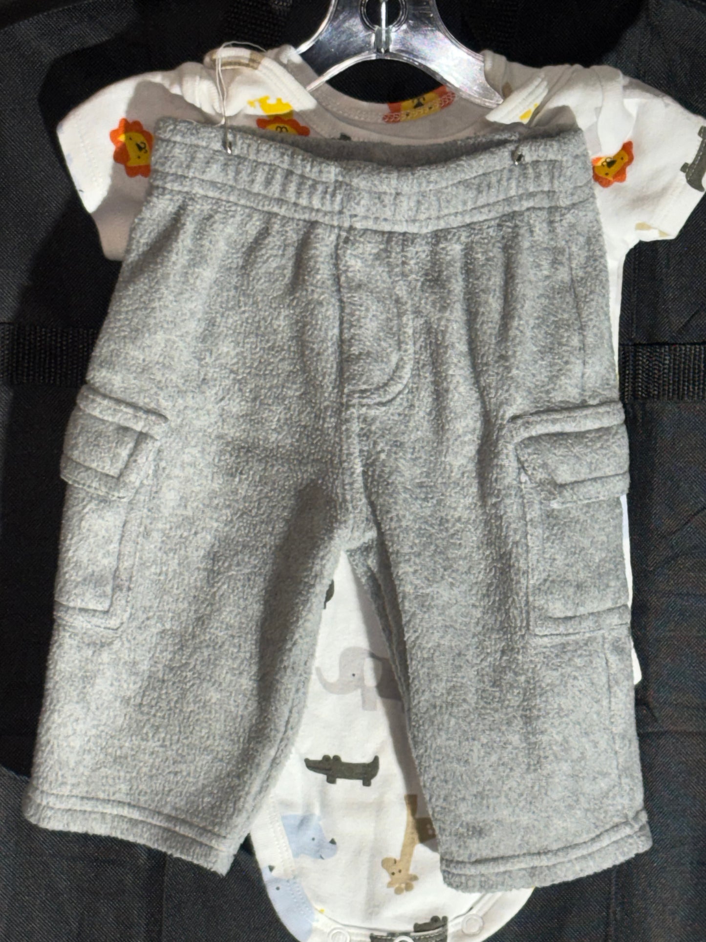 Size 0-3 month, animal print onesie with gray fuzzy pants