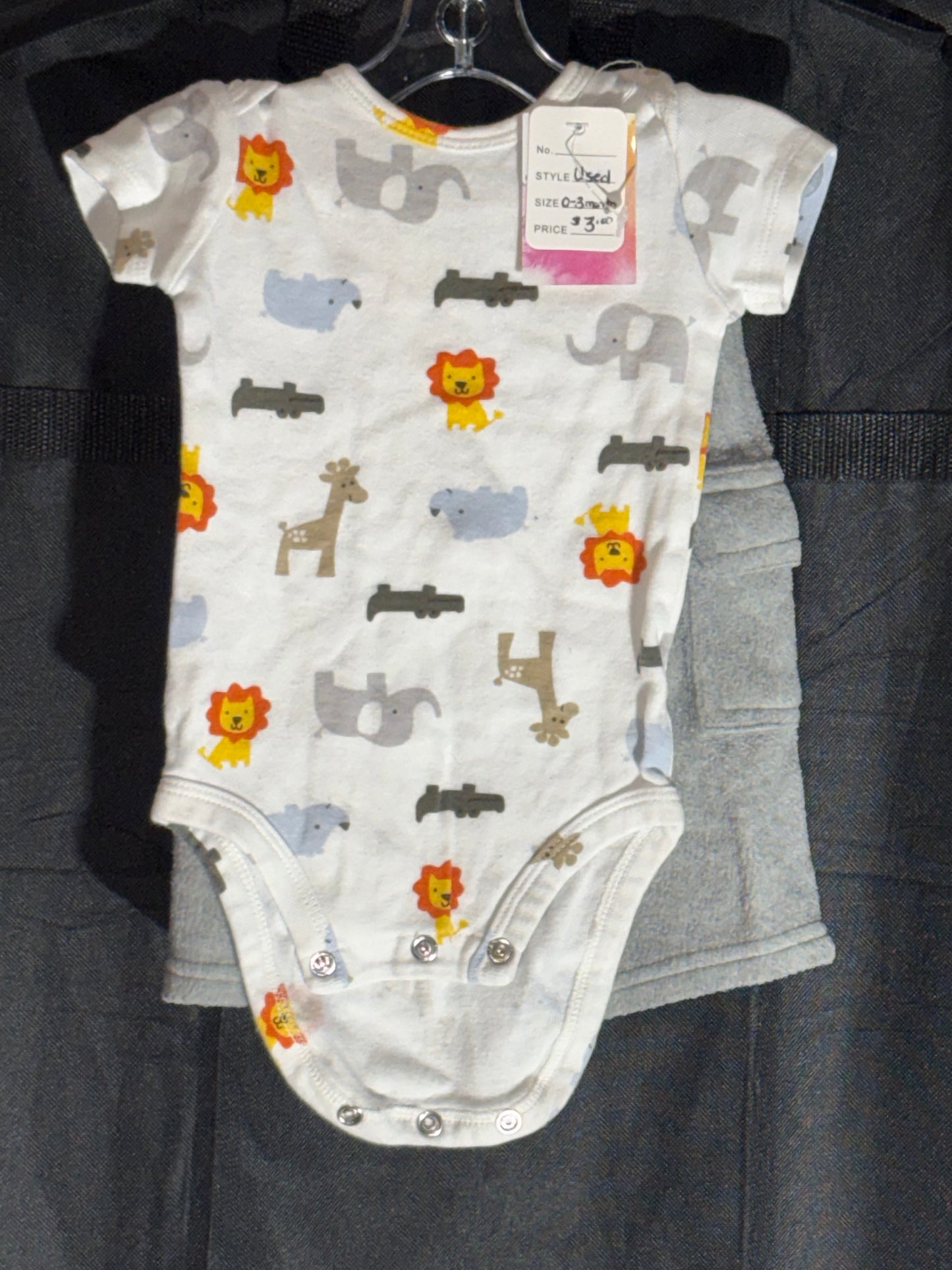 Size 0-3 month, animal print onesie with gray fuzzy pants