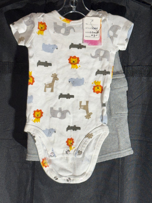 Size 0-3 month, animal print onesie with gray fuzzy pants