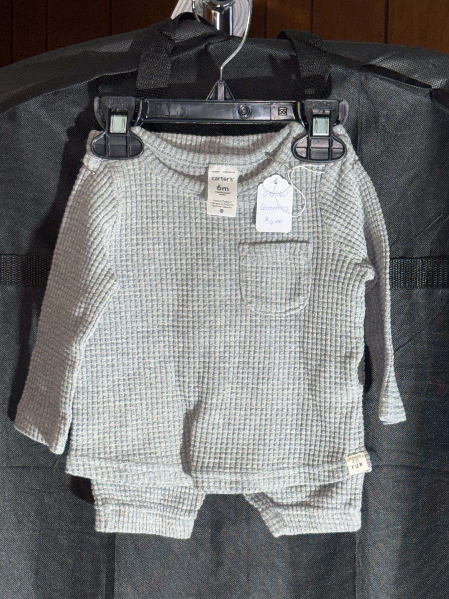 Size 6 month, quilted like pattern, gray, Carters Brand, hat and slippers