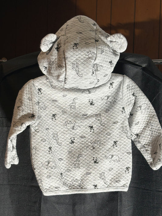 Size 6 month, gray quilted hooded zip up jacket with animal print