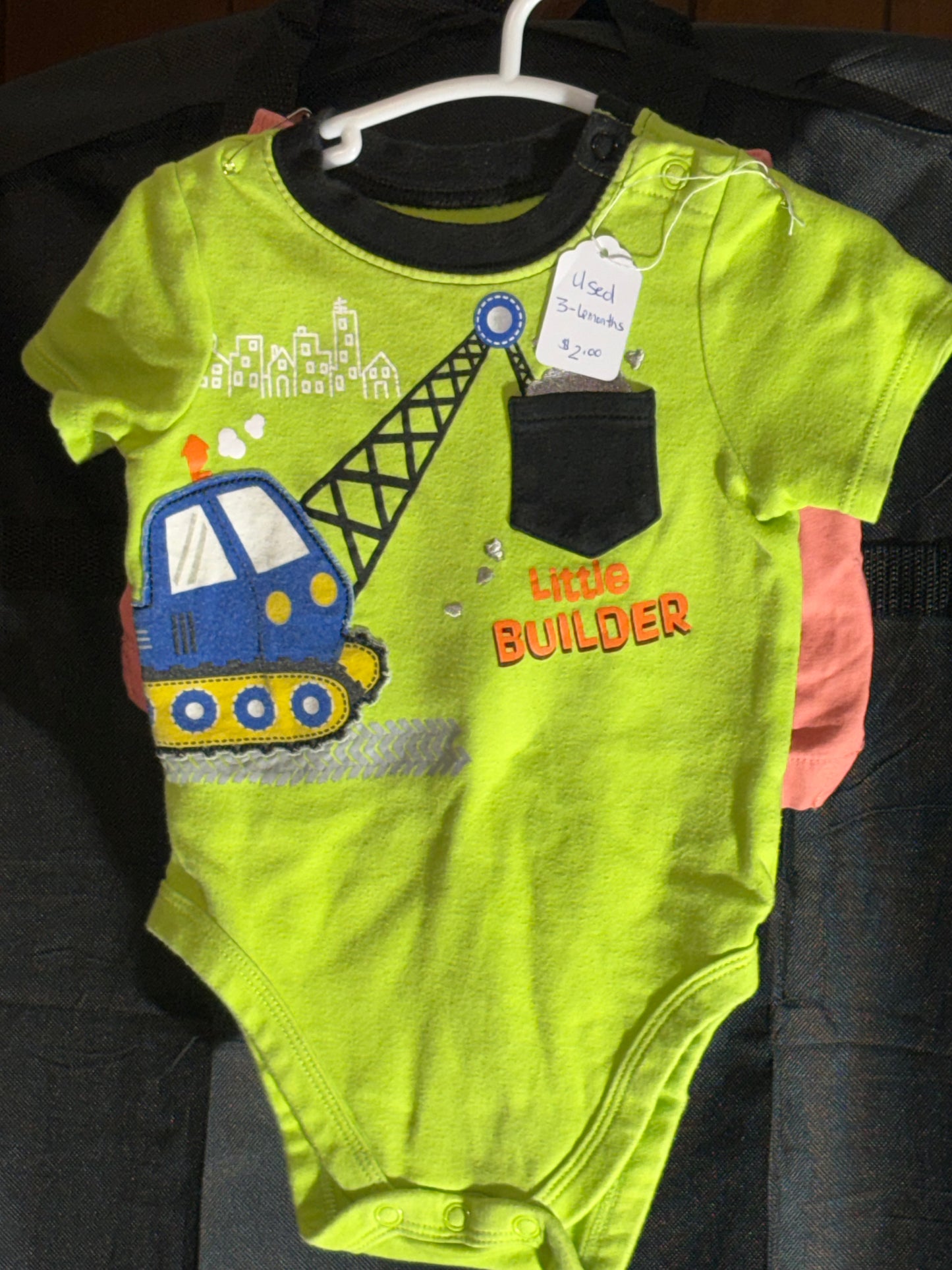 Size 3-6 month, lime green little builder onesie with orange shorts