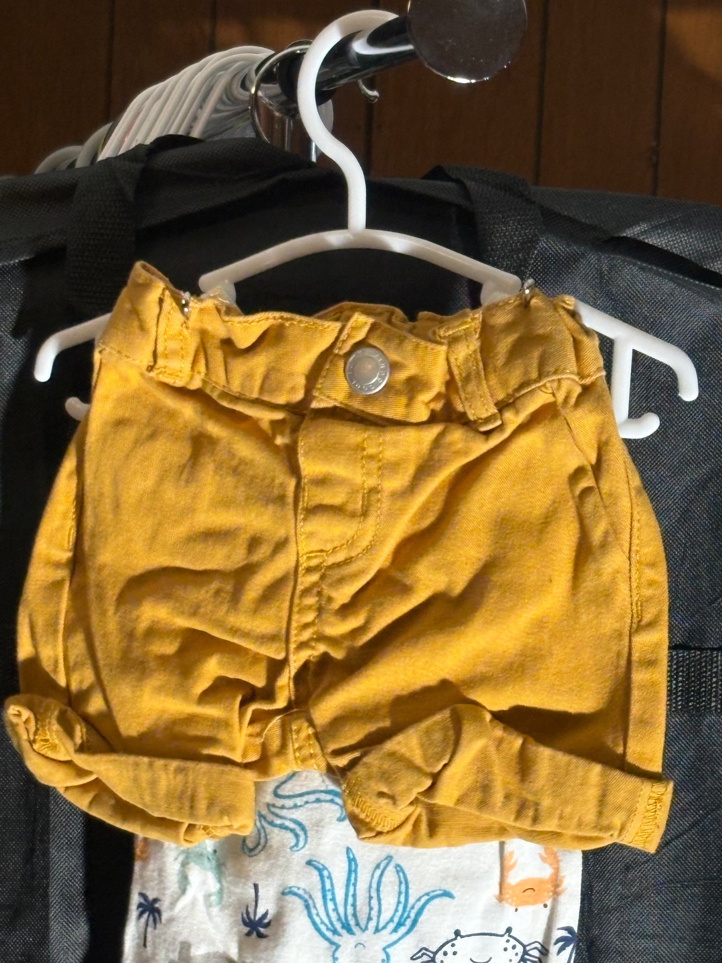 Size 3-6 month, Carters brand, tank onesie with sea creatures and mustard yellow shorts