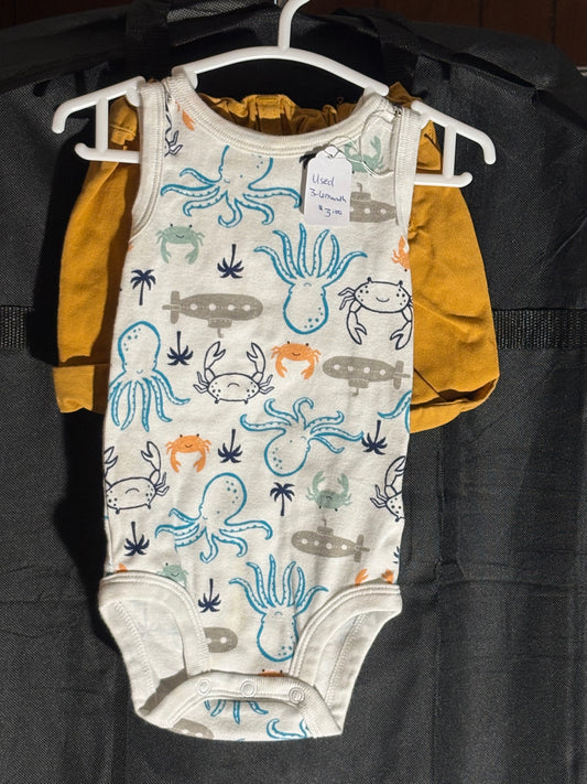 Size 3-6 month, Carters brand, tank onesie with sea creatures and mustard yellow shorts