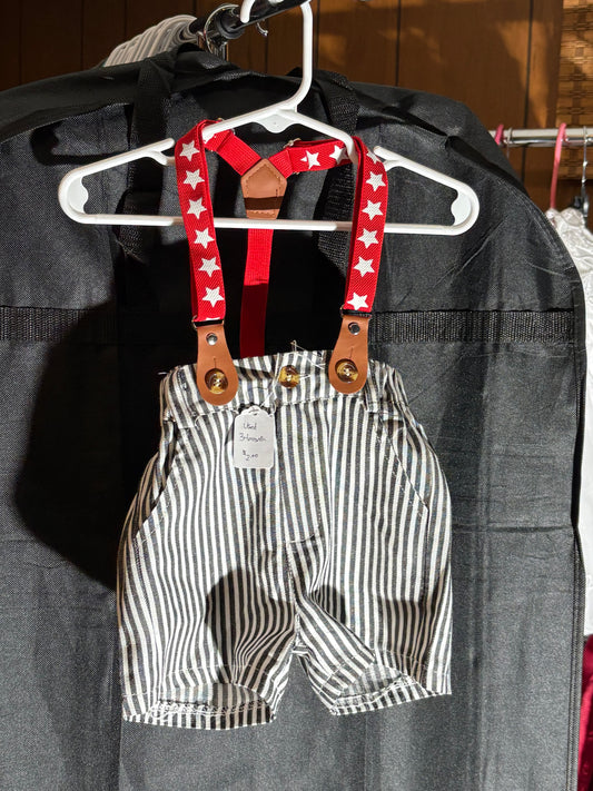 Size 3-6 month, black and white striped shorts with suspenders.