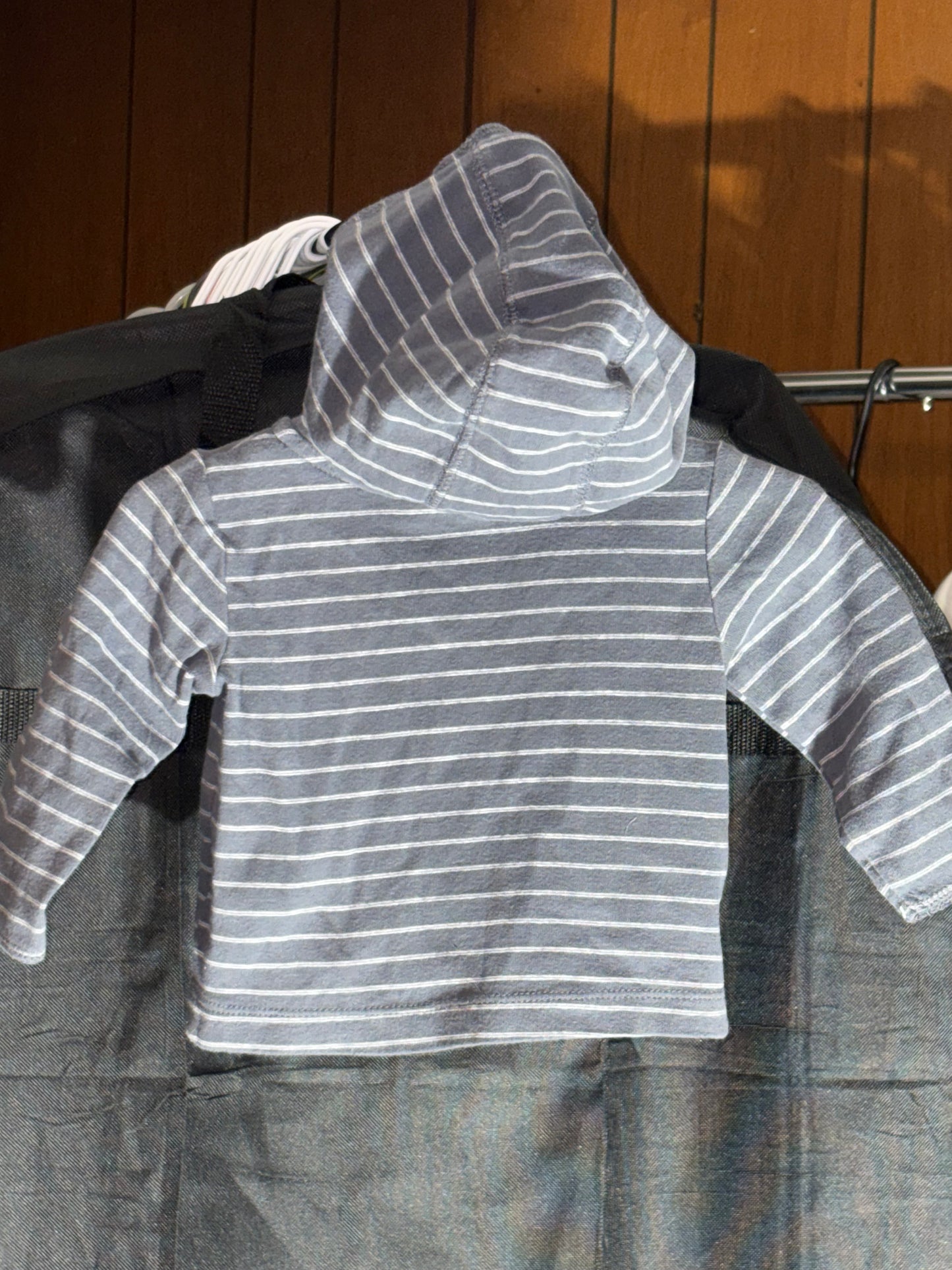 Size 6 month, Carters Brand, Gray striped button up hooded jacket