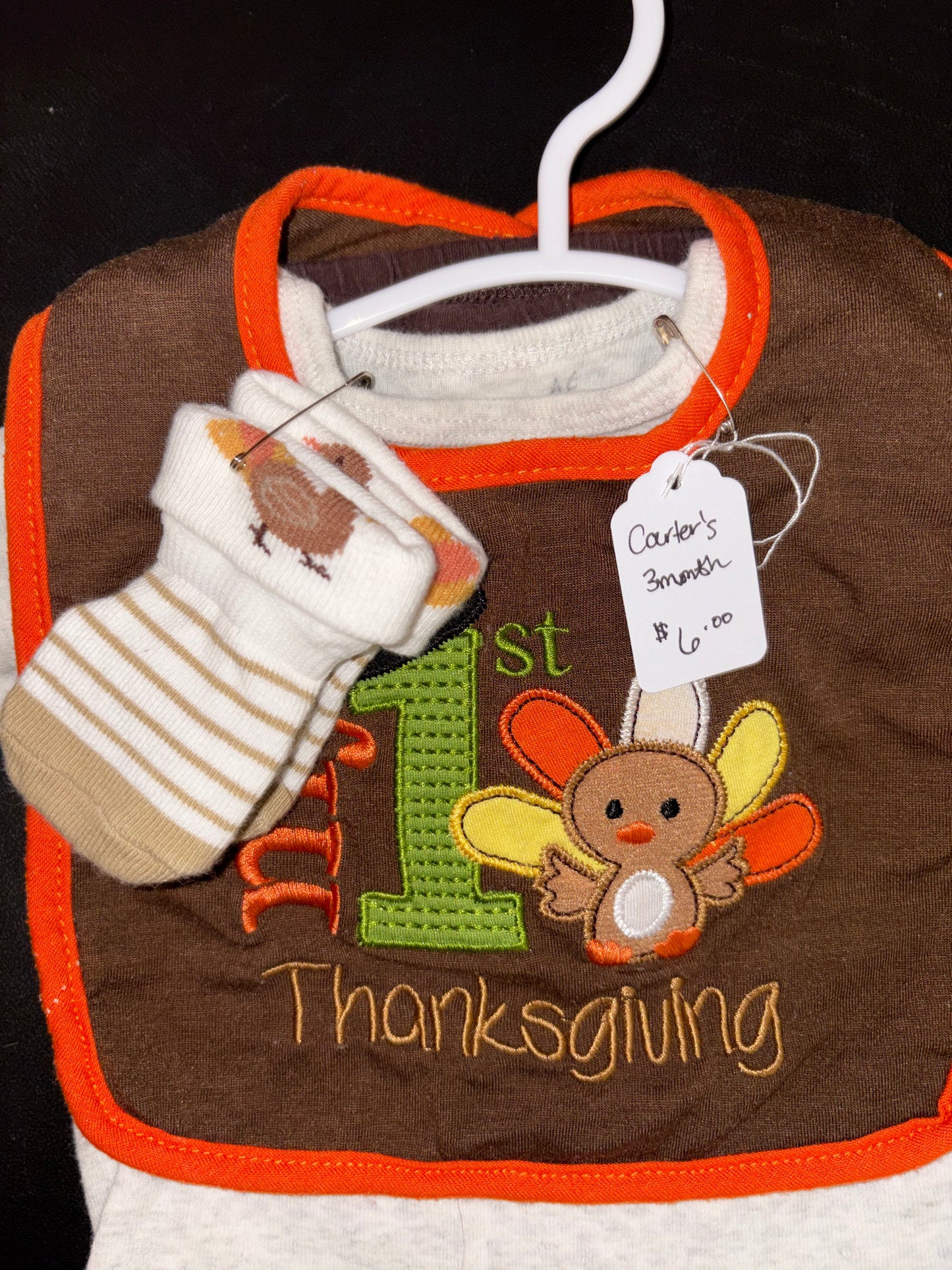 Size 3 month, My First Thanksgiving outfit, Carters Brand - onesie, bottoms, socks, and bid