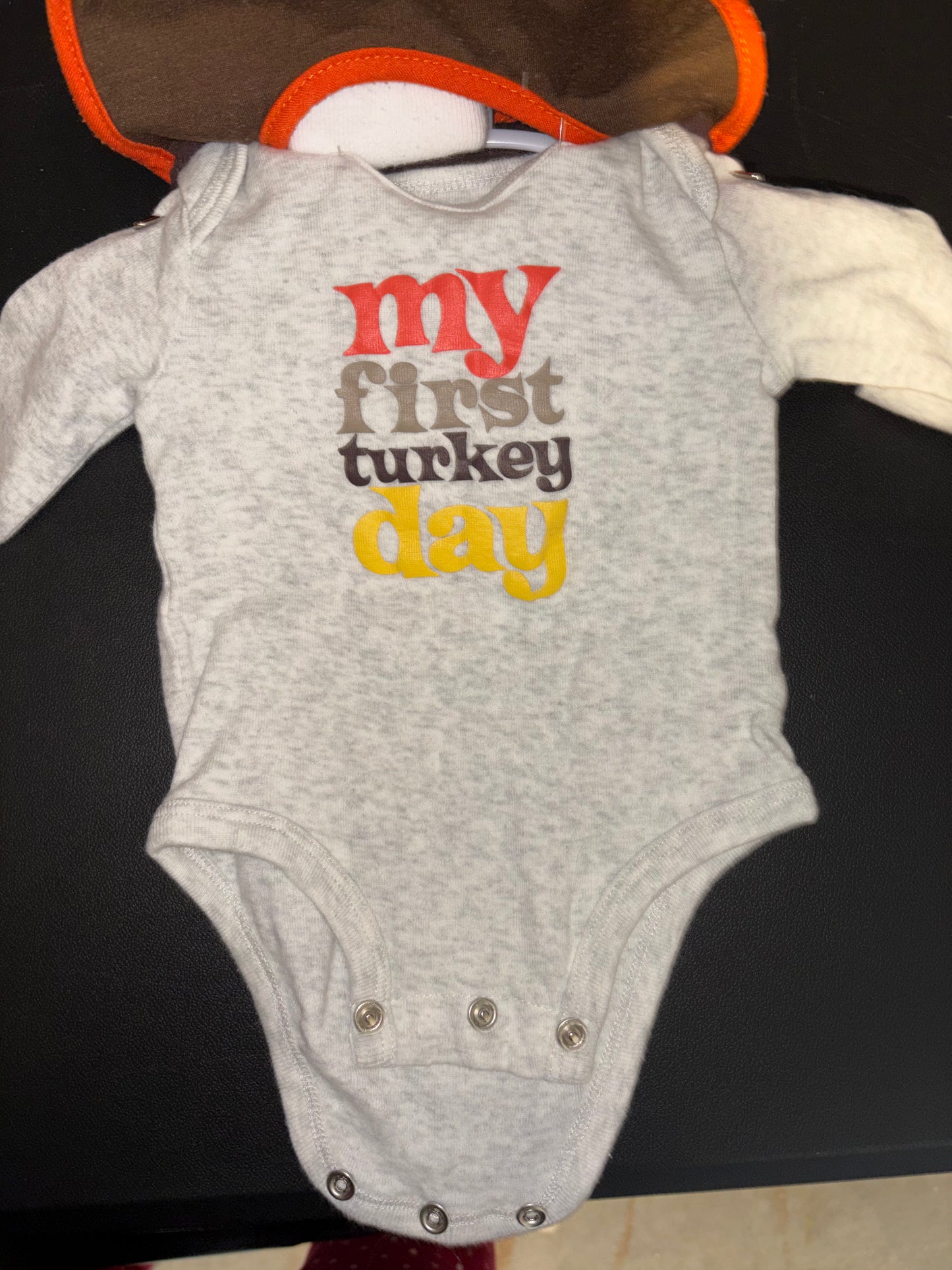 Size 3 month, My First Thanksgiving outfit, Carters Brand - onesie, bottoms, socks, and bid
