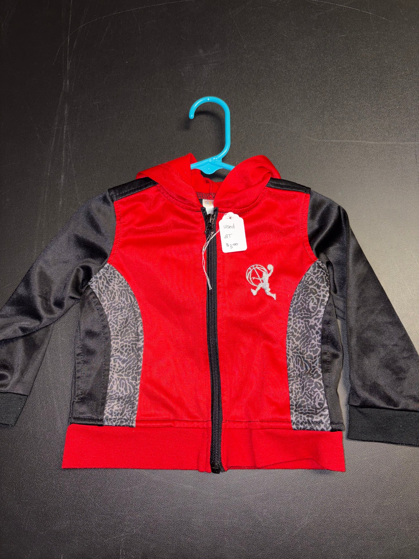 Size 2T Black and Red Basketball, Zip up hooded jacket